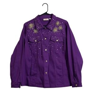 Quacker Factory Purple Pearl Embellished Jean Jacket Rhinestone Buttons SZ Small